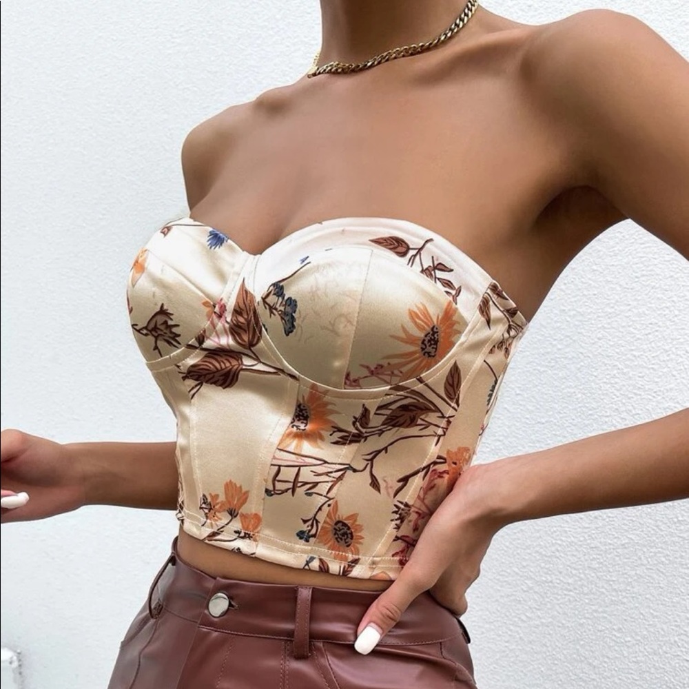 Boho cream floral print satin bustier corset tube top